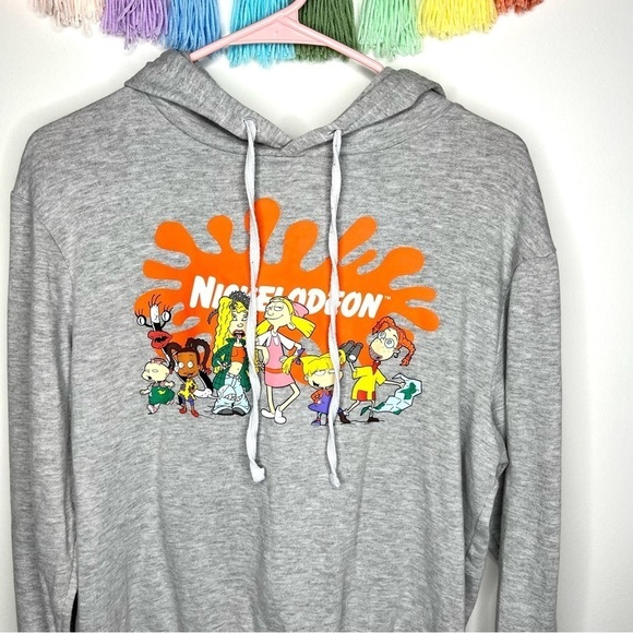 Nickelodeon 90s Cartoon Graphic Logo Pullover Gray Hooded Sweatshirt Medium - Picture 5 of 12